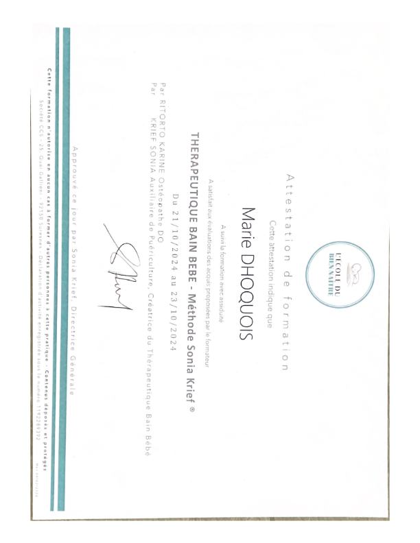 photo diplome Thérapeutique bain bébé - Marie Dhoquois