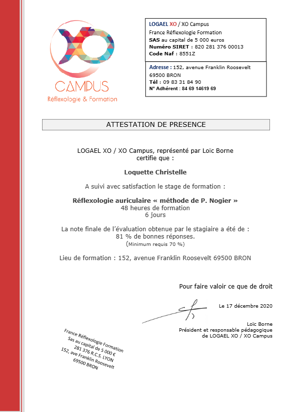photo diplome Christelle Loquette Réflexologue