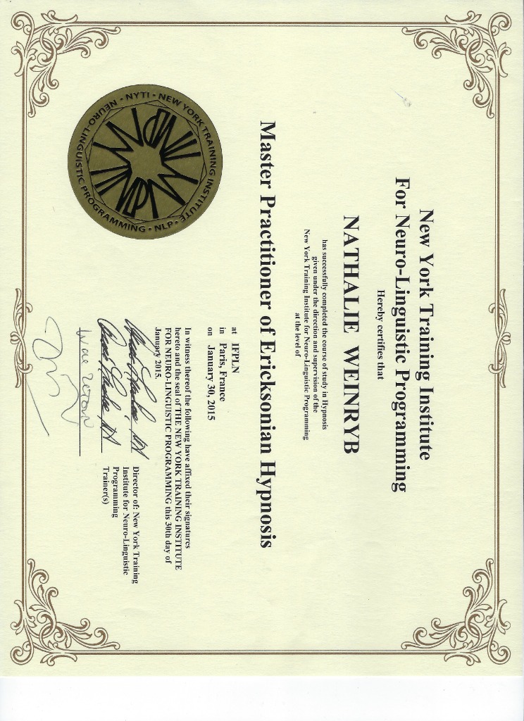 photo diplome Nathalie WEINRYB, hypnose, coaching PNL - Sèvres