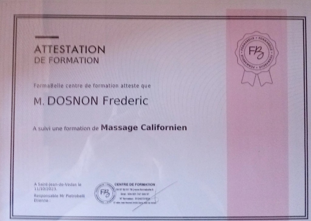 photo diplome Fred Massage bien-être 