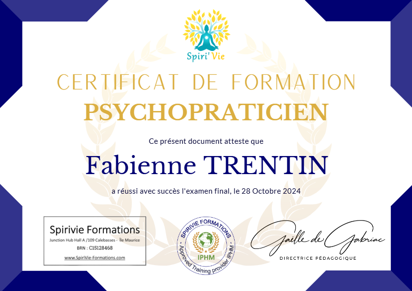 photo diplome Fabienne TRENTIN, Psychopraticienne