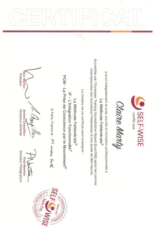 photo diplome Claire Evrard Marty - Méthode Feldenkrais