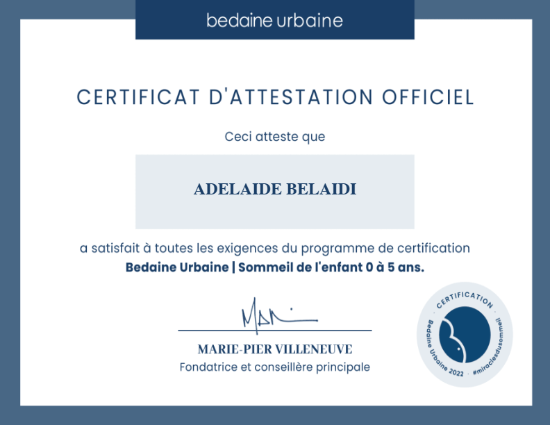 photo diplome Adélaïde Bélaïdi - Consultante sommeil des enfants