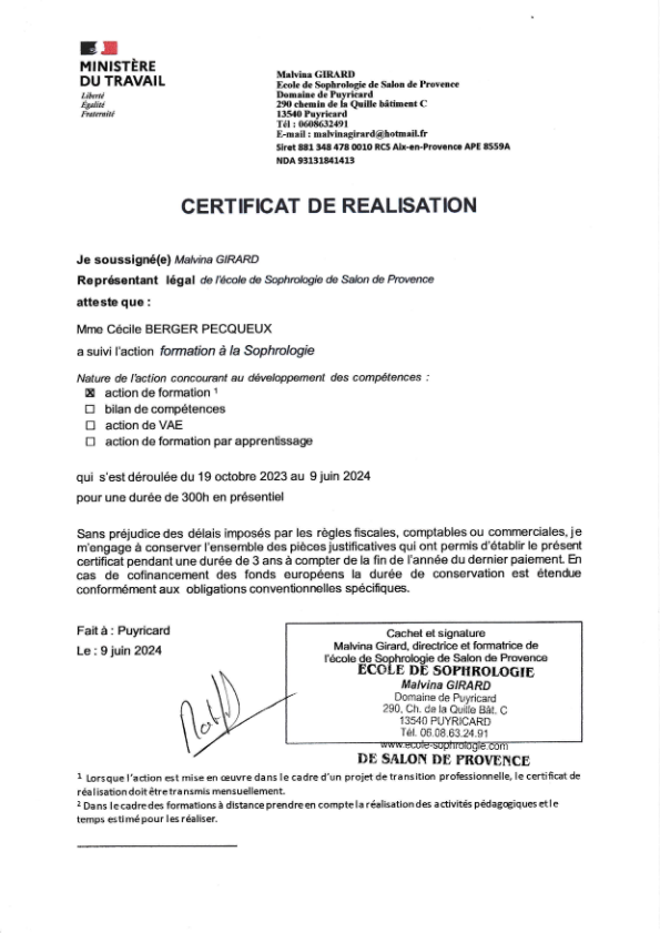 photo diplome Espace Sophro Cécile Pecqueux