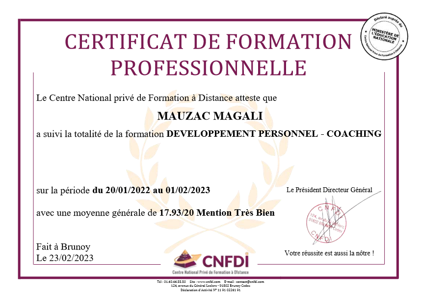 photo diplome Coach santé et épanouissement