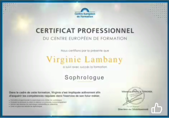 photo diplome Virginie sophrologue 