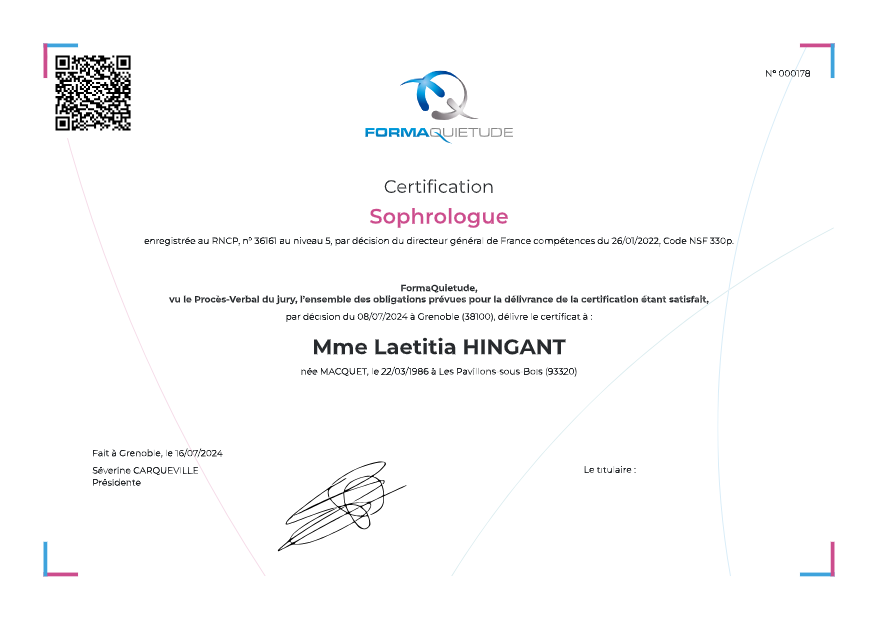photo diplome Laetitia sophrologie