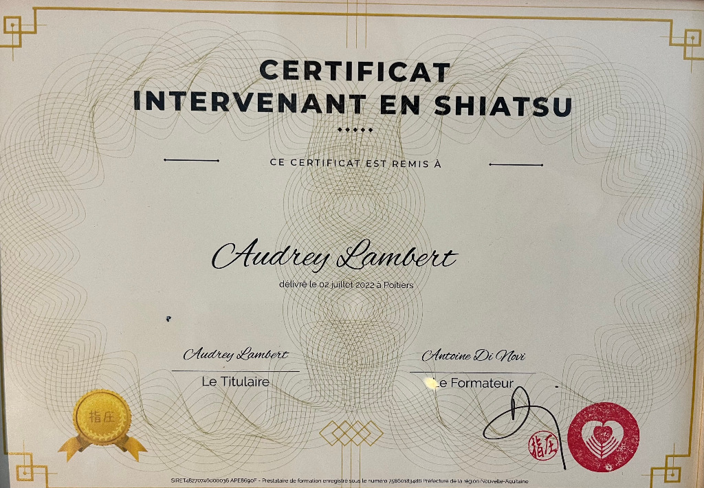photo diplome Esprit Shiatsu par Audrey Lambert