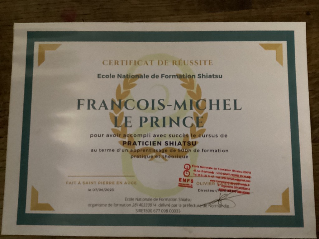 photo diplome Le prince bien-être SHIATSU 