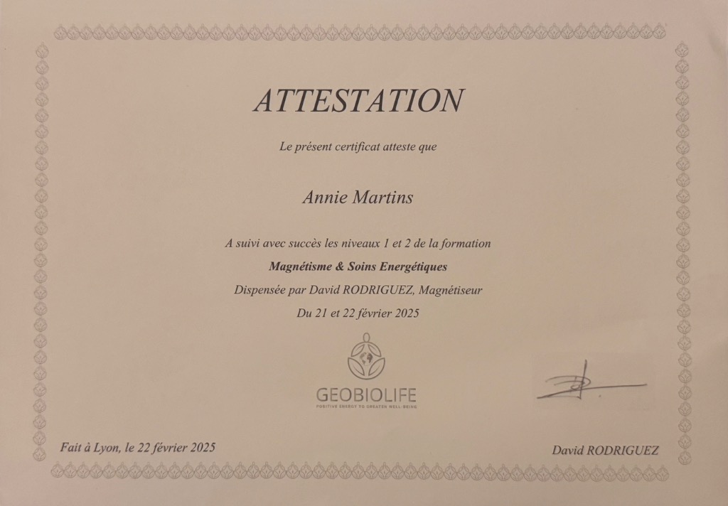 photo diplome Annie Martins - Magnétiseuse - Guérisseuse