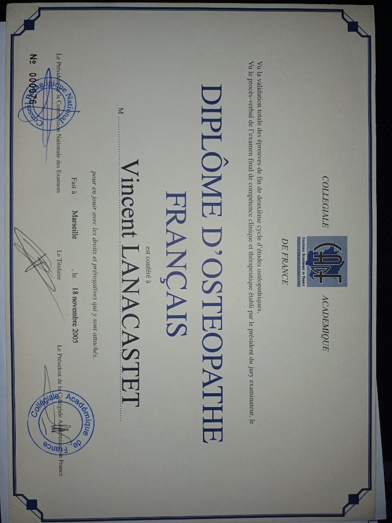 photo diplome Vincent Lanacastet Ostéopathe