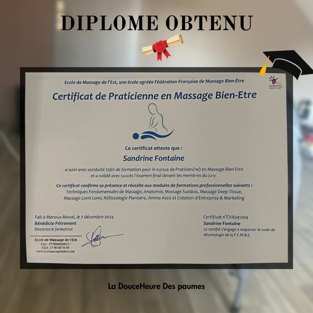 photo diplome Sandrine Fontaine « La DouceHeure des Paumes »