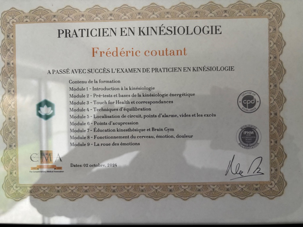 photo diplome Kinésiologue, Frédéric Coutant
