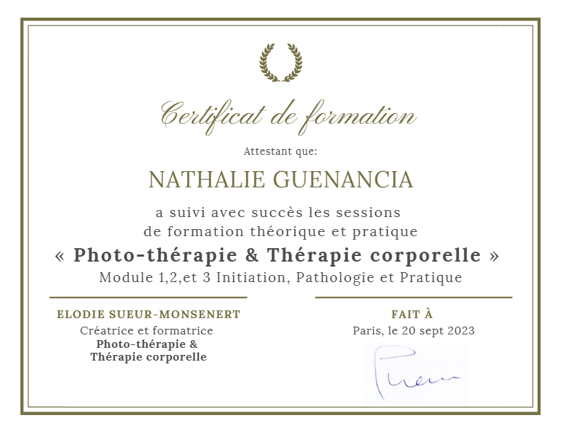 photo diplome Nathalie Guenancia Photographe thérapeute