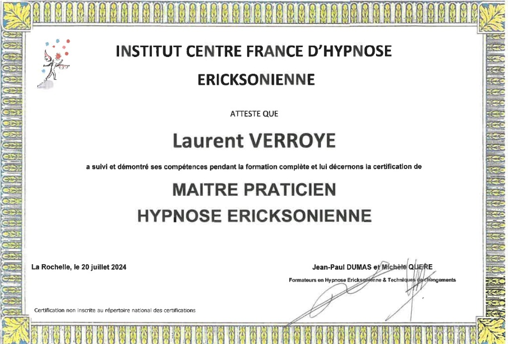 photo diplome Envol hypnose / Laurent Verroye
