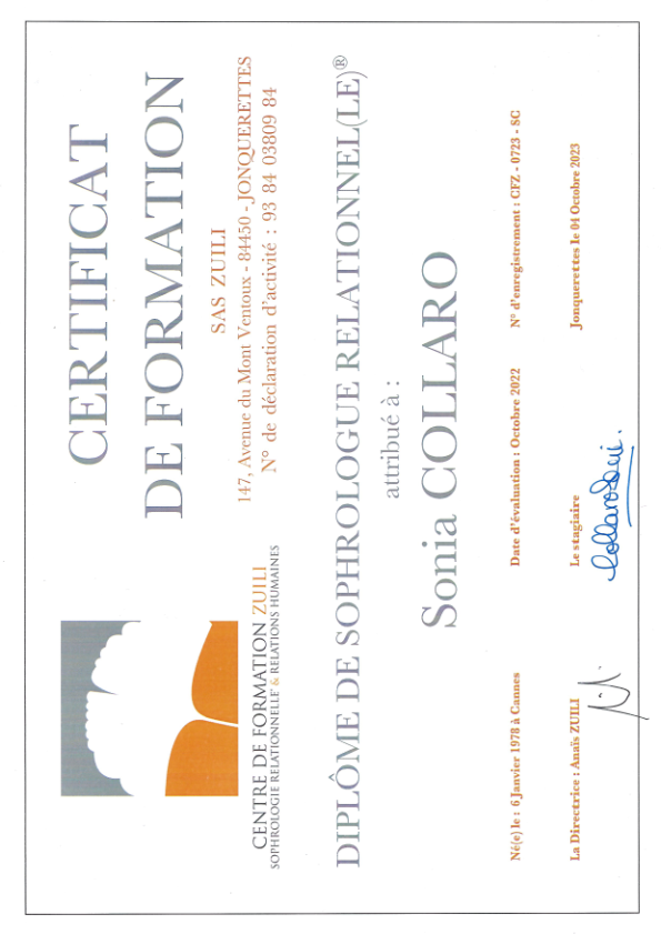 photo diplome Sonia Collaro Sophrologie