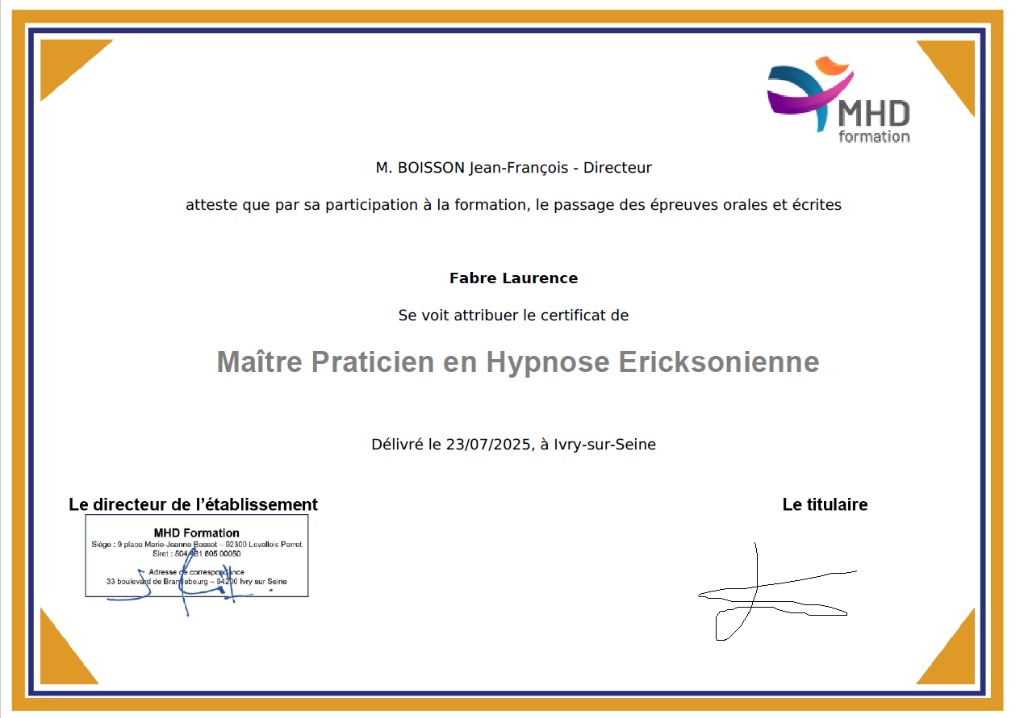 photo diplome Laurence Fabre - Hypnorea