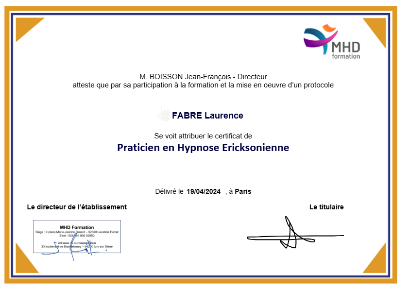 photo diplome Laurence Fabre - Hypnorea