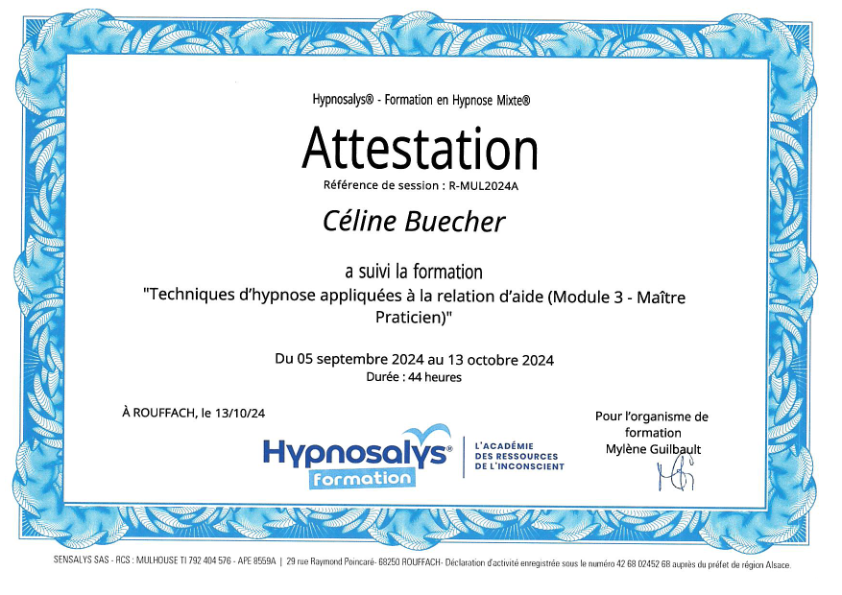 photo diplome Céline BUECHER Hypnothérapeute