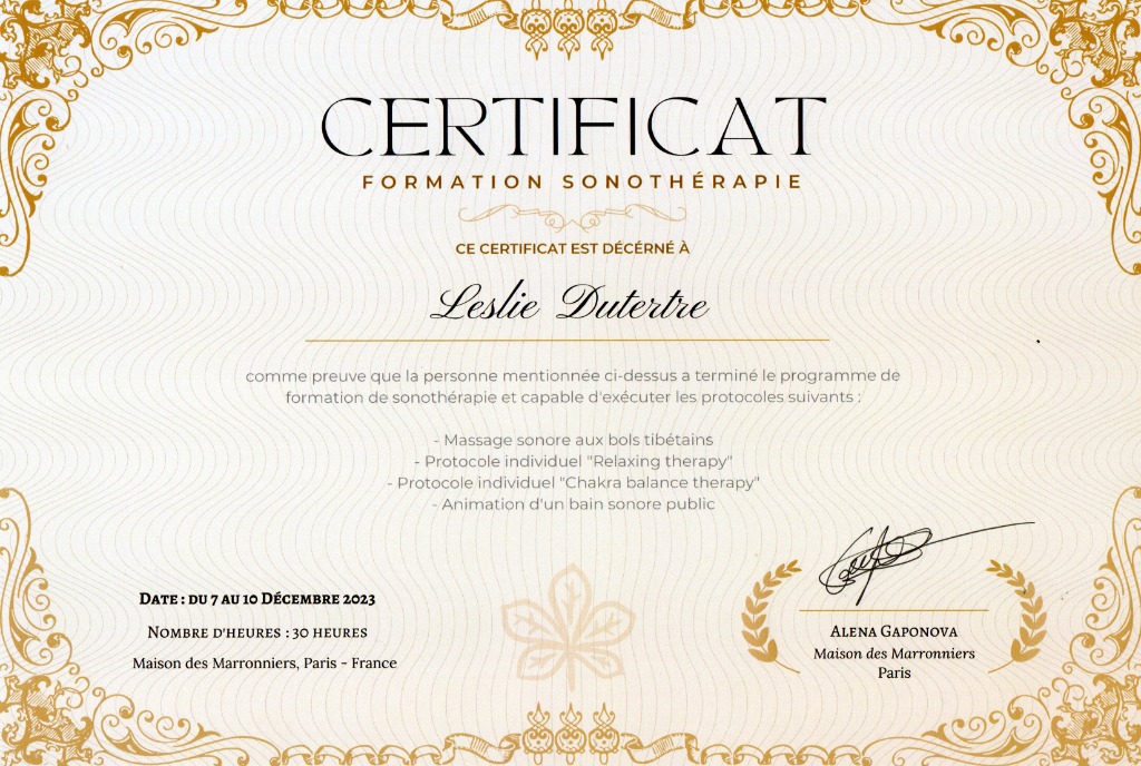 photo diplome Maât SONOTHERAPIE 