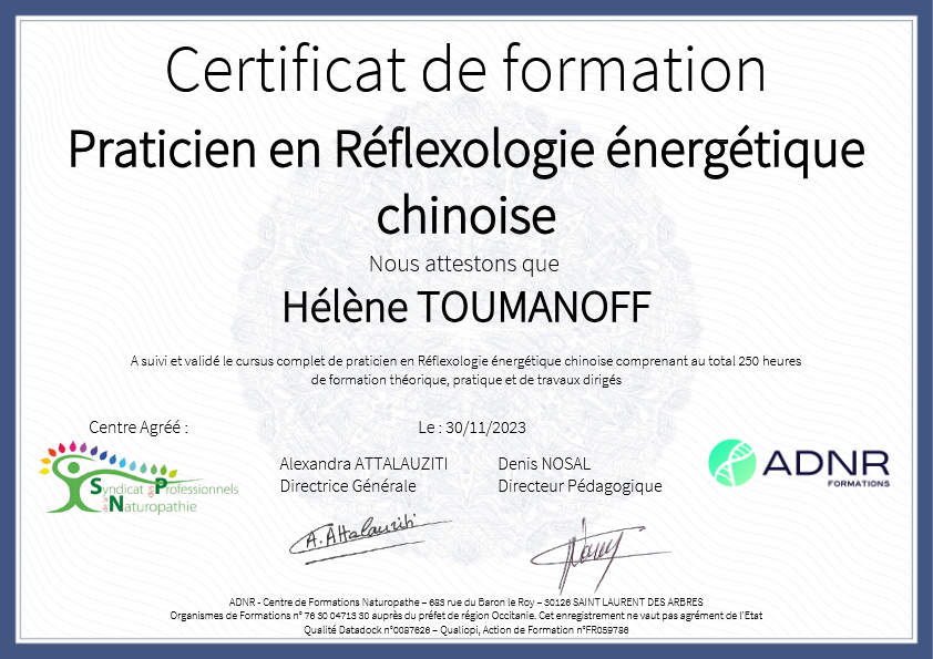 photo diplome Hélène TOUMANOFF Réfléxologue