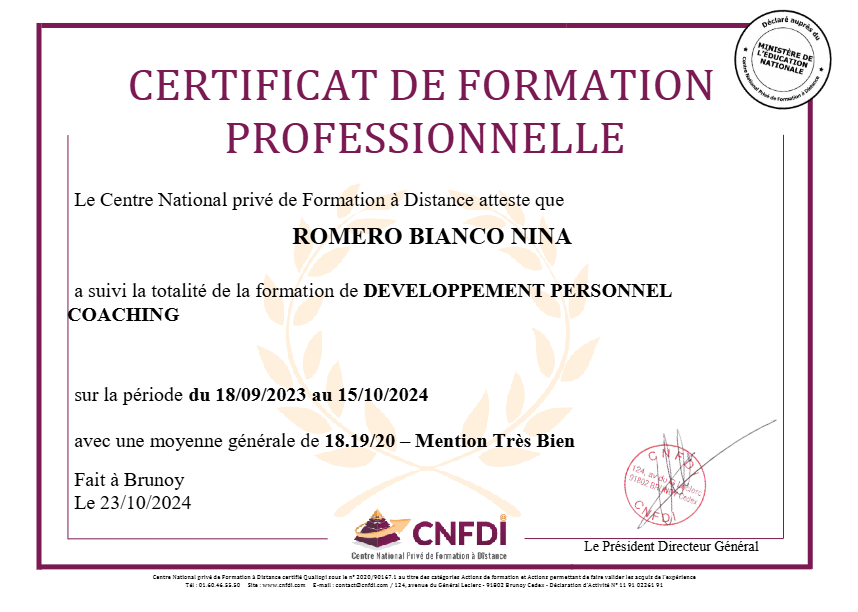 photo diplome Nina Holistic