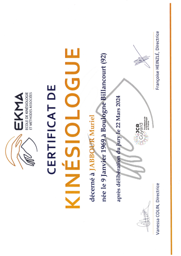 photo diplome Muriel JABBOUR Kinésiologie