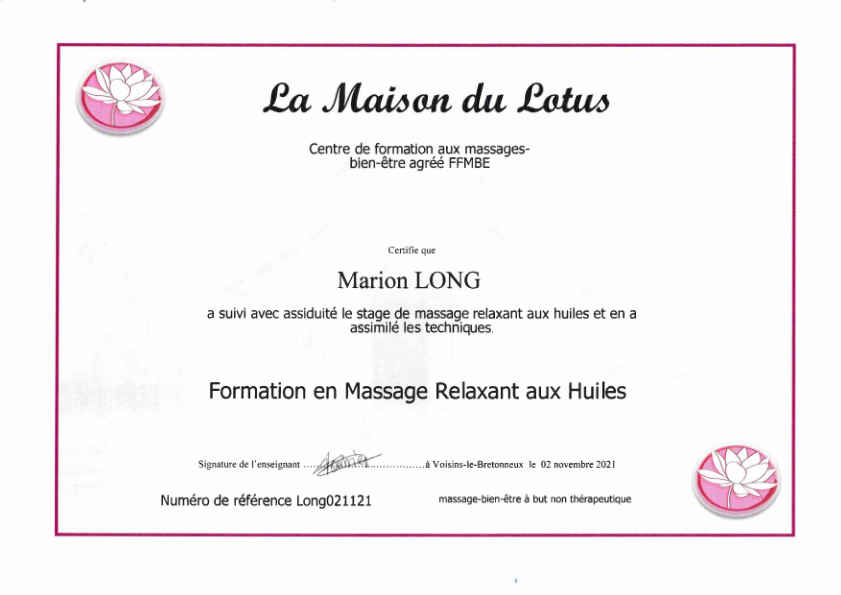photo diplome PauseMassageMarion