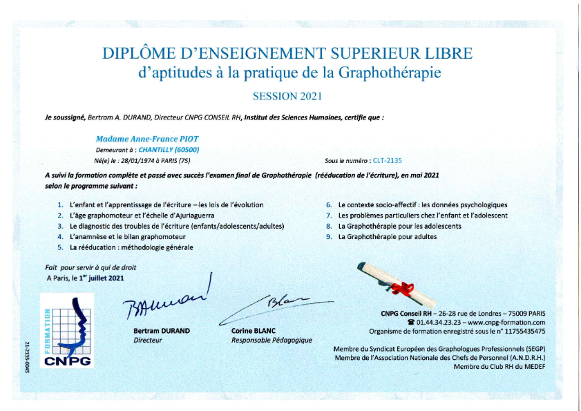 photo diplome GRAPHOTHERAPIE ANNE-FRANCE PIOT