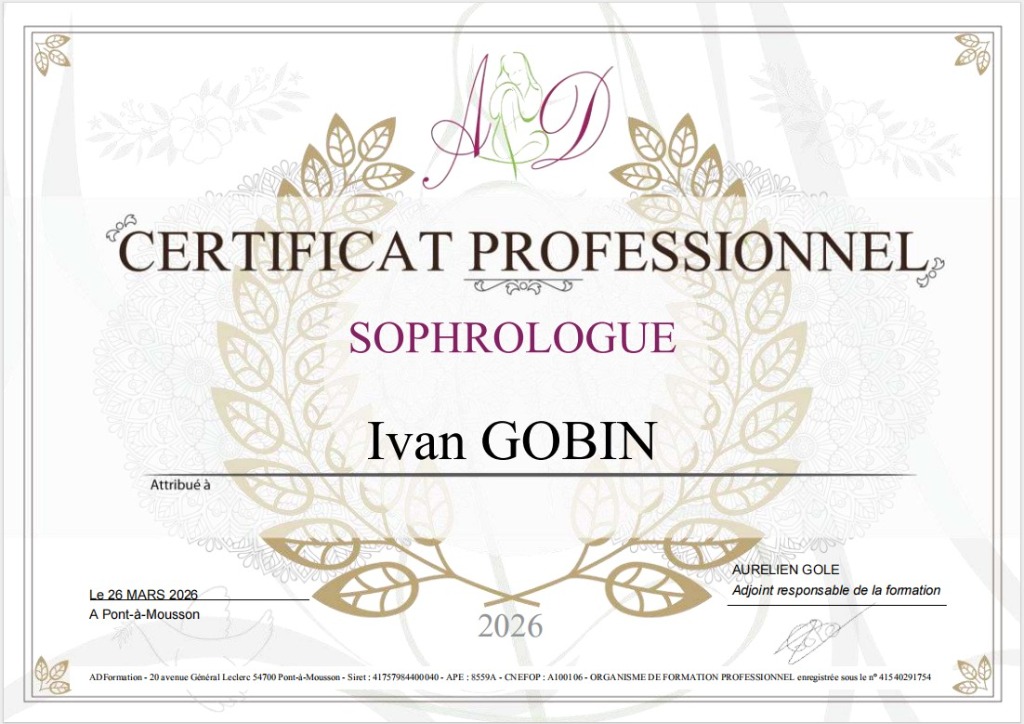 photo diplome Ivan, le Sophrologue Itinérant