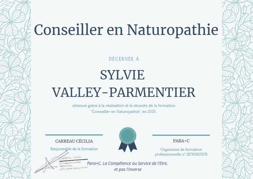 photo diplome Naturelle Méthode Sylvie Valley-Parmentier