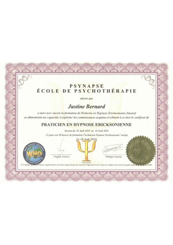 photo diplome Luminescence - Hypnose et soins énergétiques