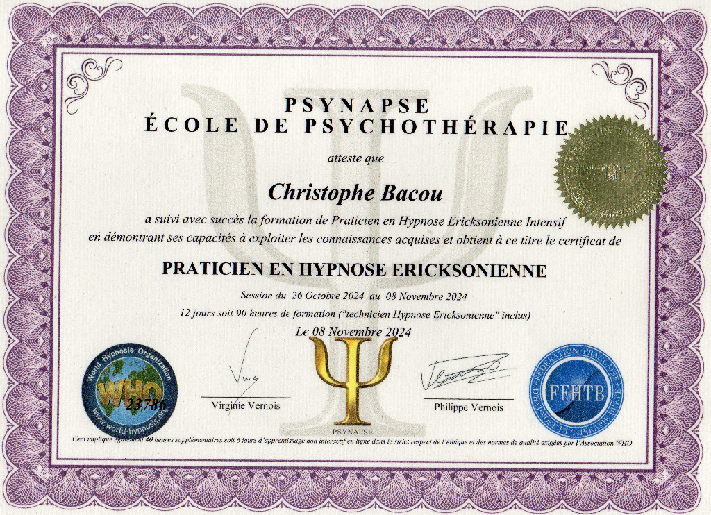 photo diplome Christophe BACOU - Equilibre & Harmonie