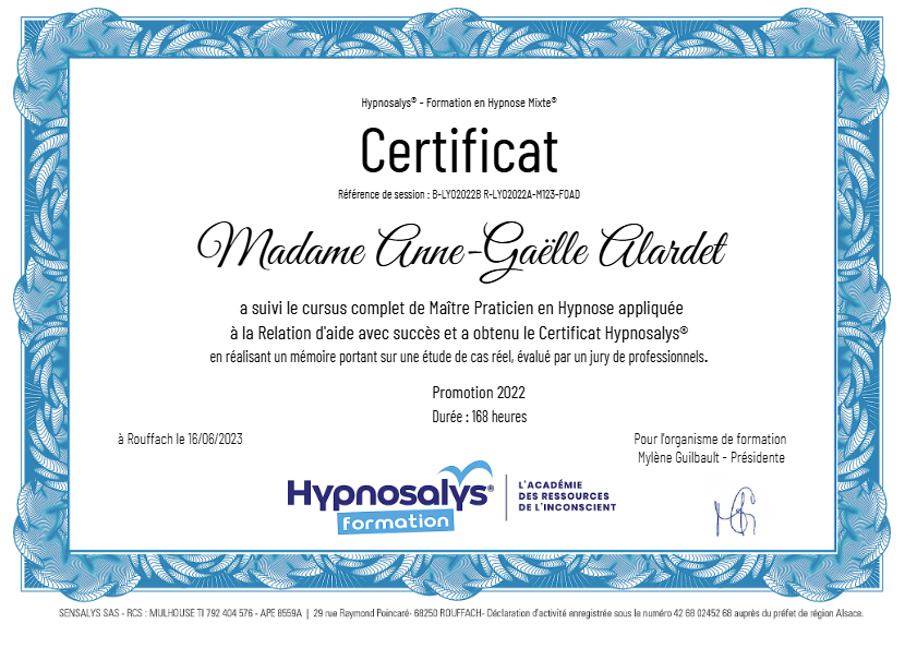 photo diplome Anne-Gaëlle ALARDET HYPNOSE EVOLUTION
