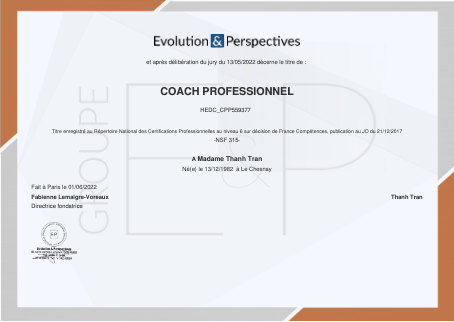 photo diplome Thanh Tran | Coach professionnelle certifiée