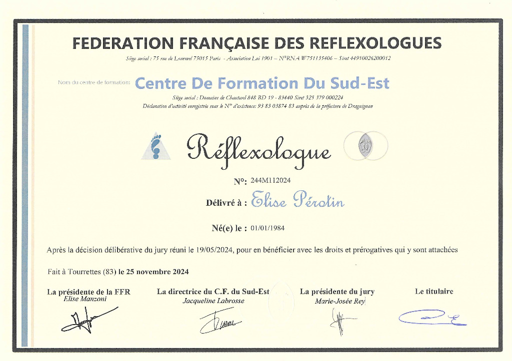 photo diplome Elise PEROTIN, Réflexologue plantaire 