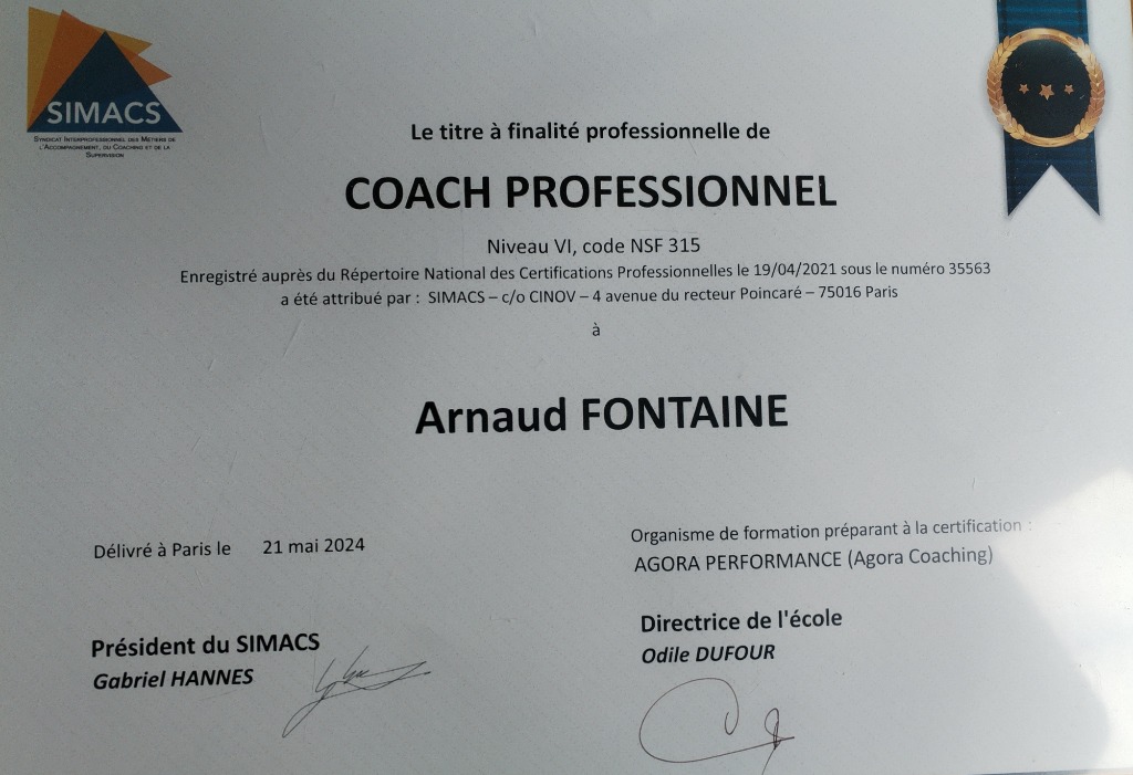 photo diplome Arnaud Fontaine (Humanoz’ coaching)