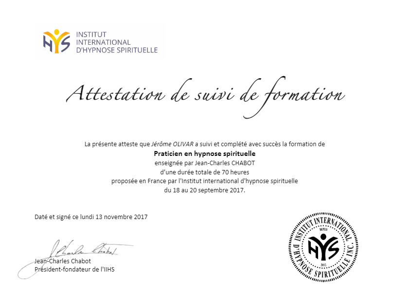 photo diplome Jérôme Olivar - Hypnose Spirituelle de régression.