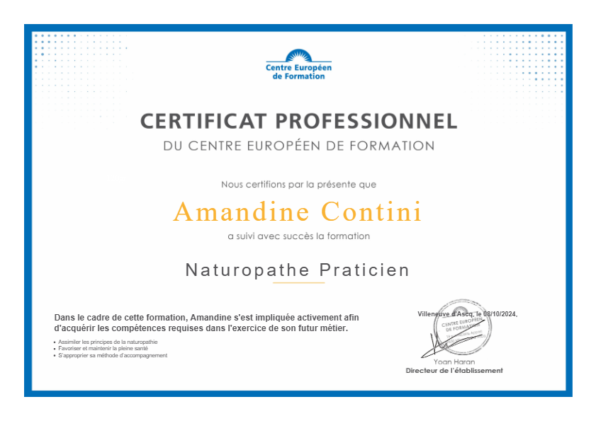 photo diplome Amandine CONTINI Naturopathe