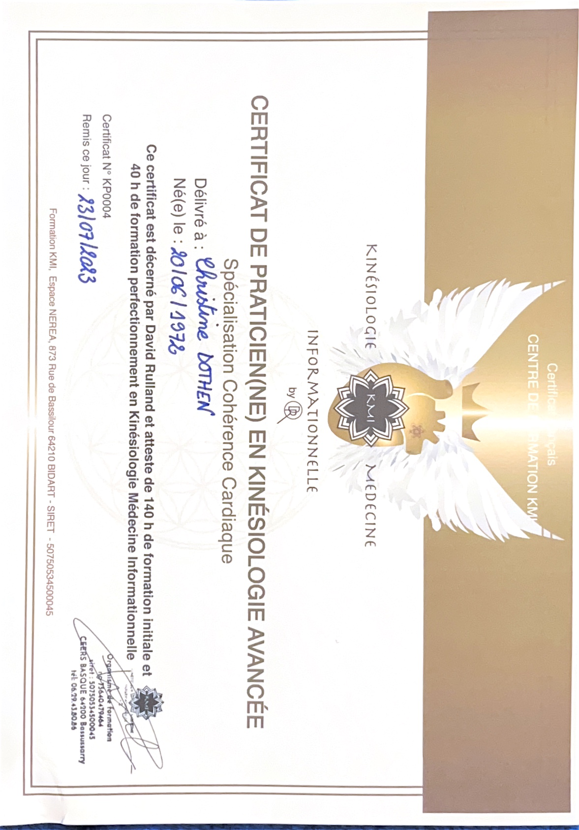 photo diplome Christine Dothen - Atelier Mahalo