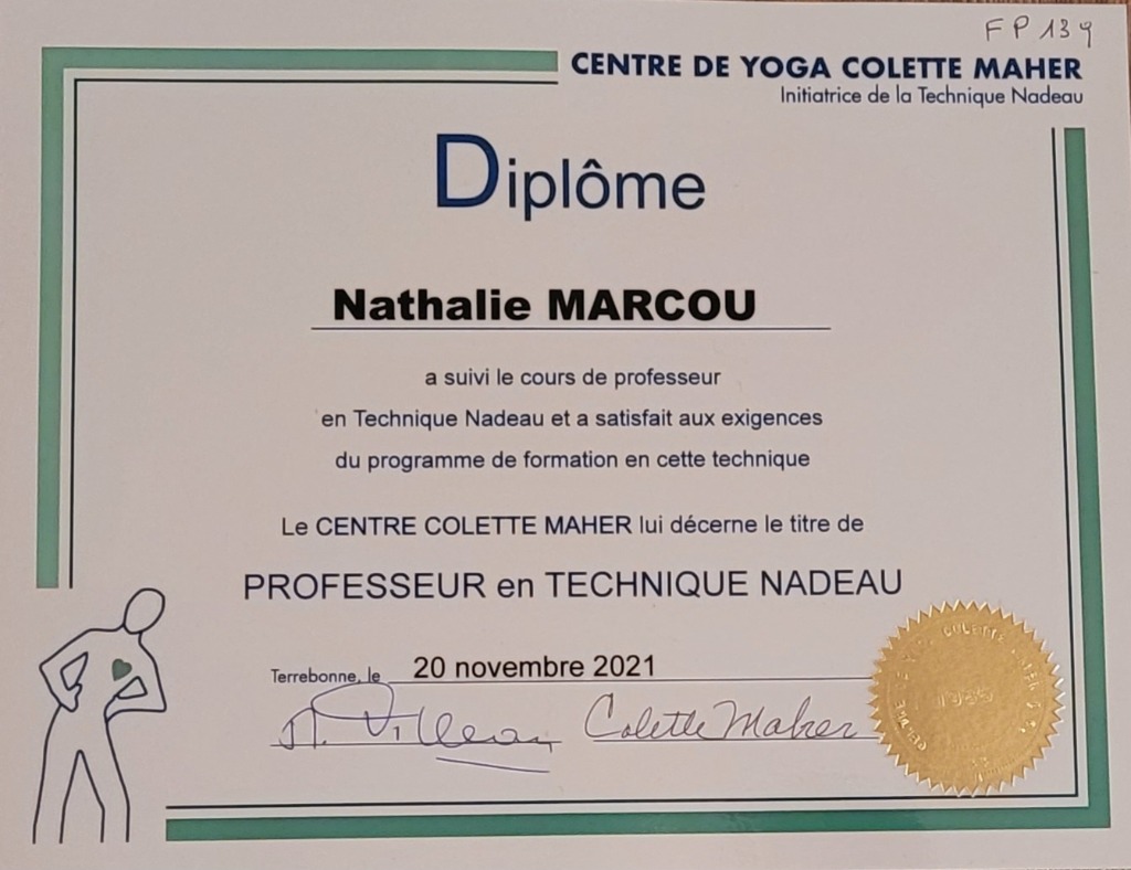 photo diplome Le Réveil du Corps - Nathalie Marcou Paillard