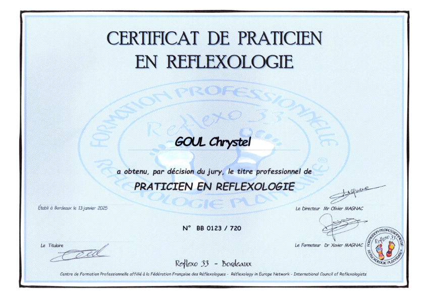 photo diplome Chrystel Goul - Réflexologie