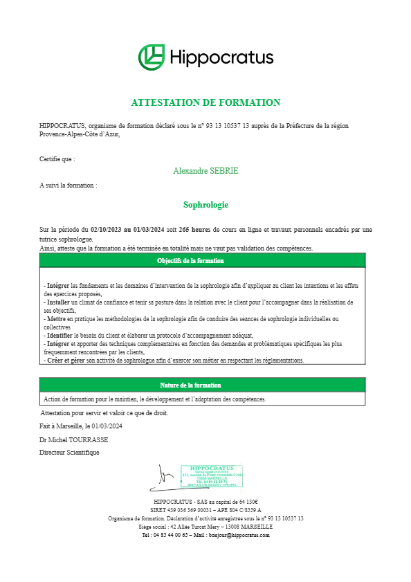 photo diplome Alexandre Sophrologie