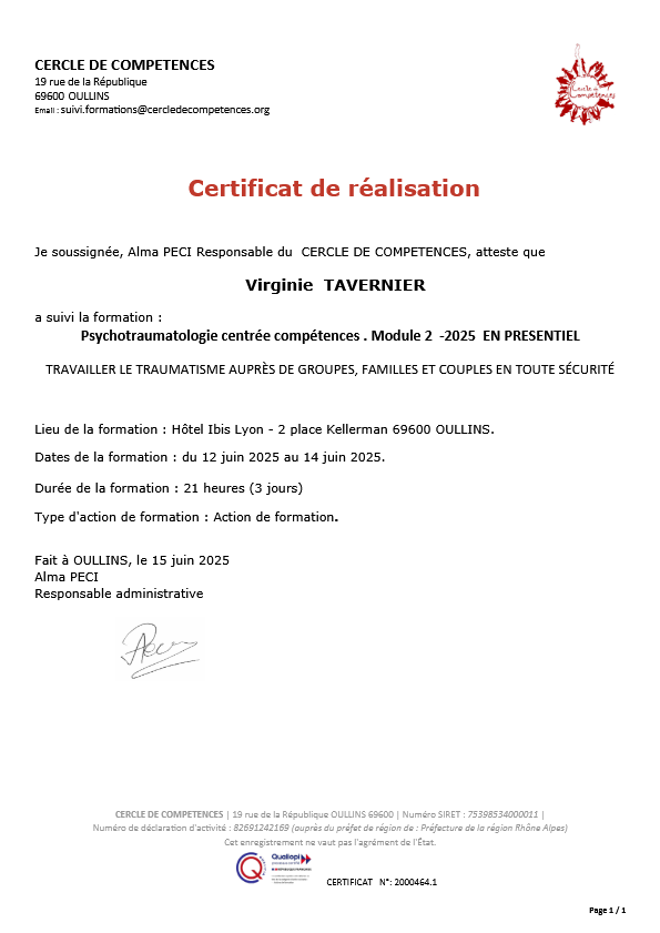 photo diplome Virginie TAVERNIER   Cap Résilience