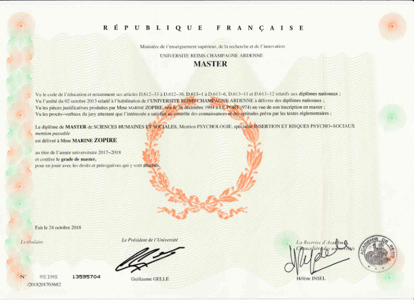 photo diplome Marine Zopire