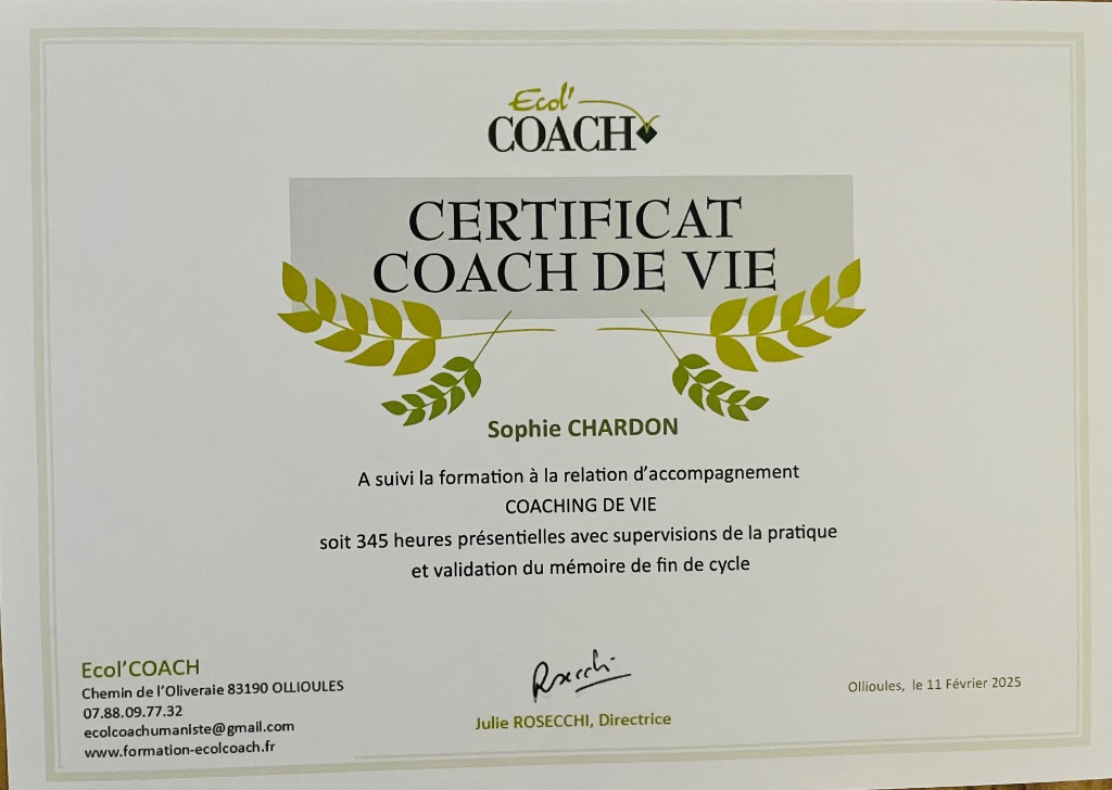 photo diplome Sophie Chardon - Coaching & Hypnose