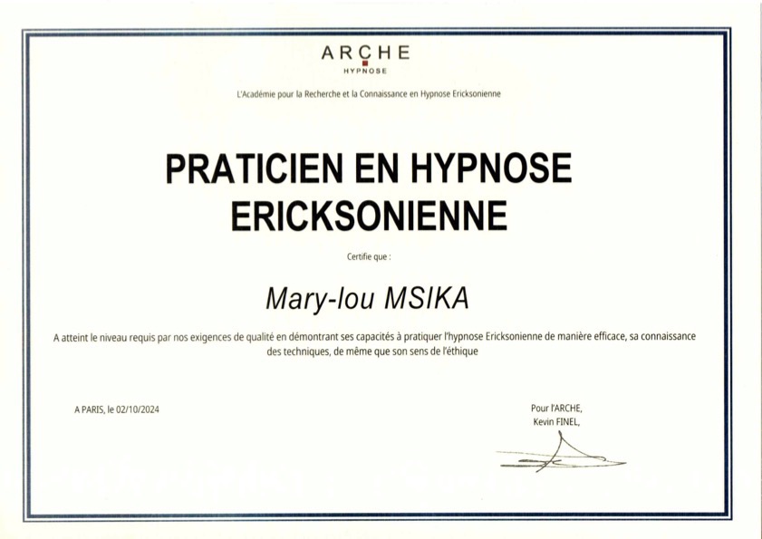 photo diplome Mary-lou Msika Hypnothérapeute - Sophrologue