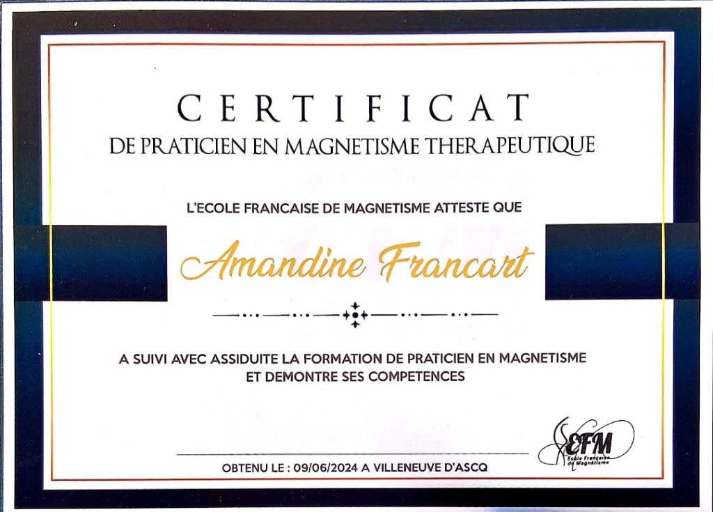photo diplome Amandine Magnétiseuse Énergéticienne 