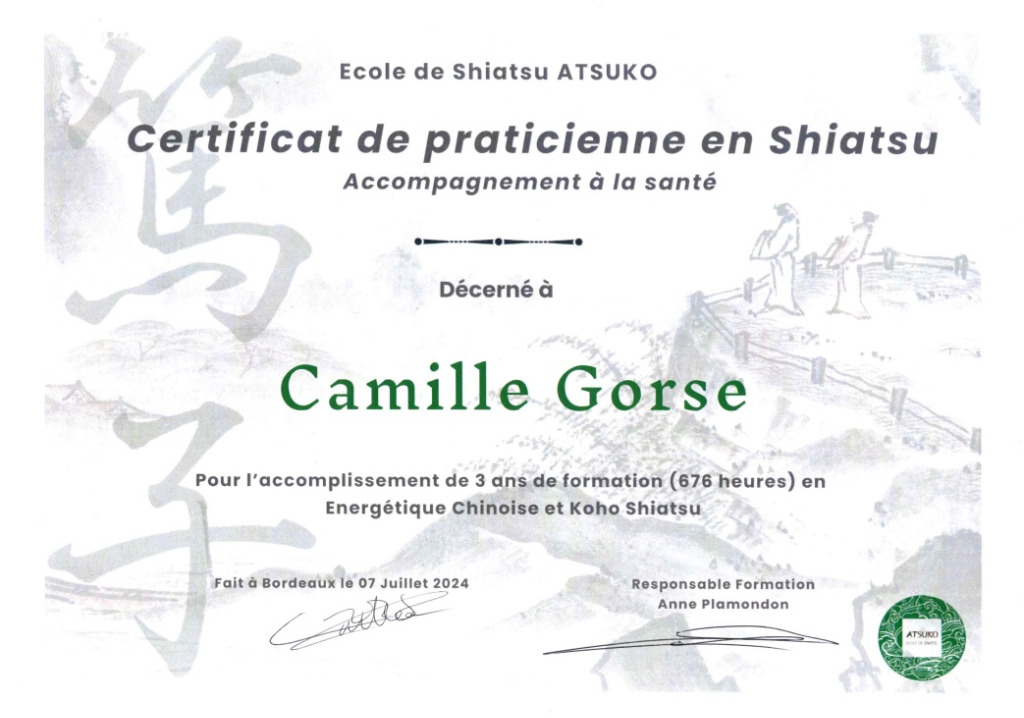 photo diplome Camille Gorse Shiatsu
