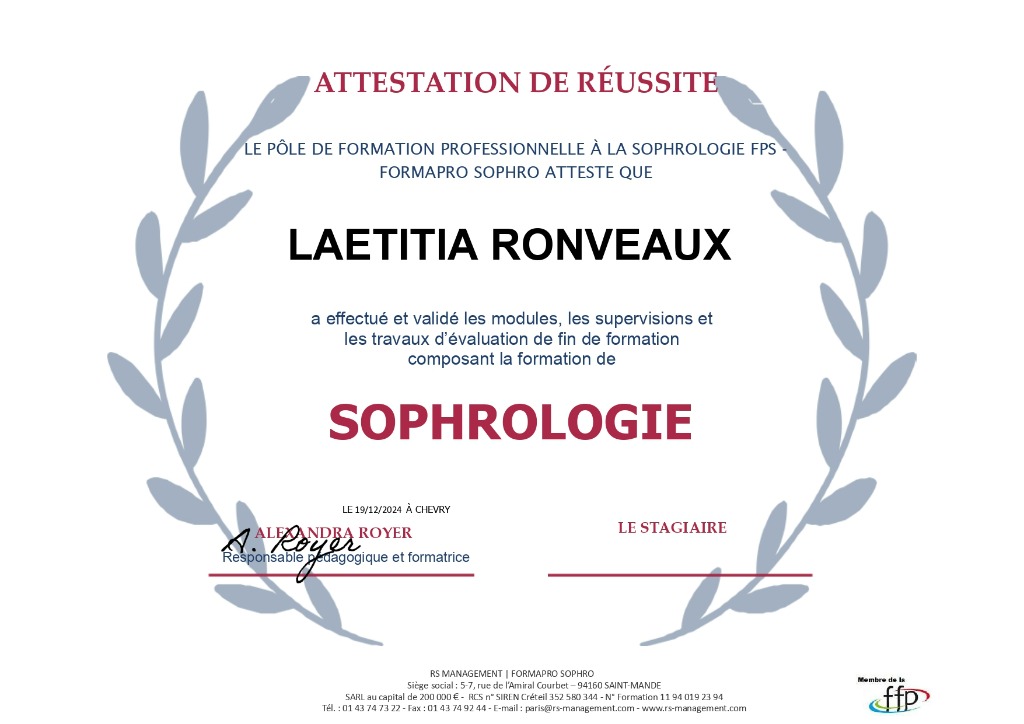 photo diplome Laetitia Ronveaux Sophrologue